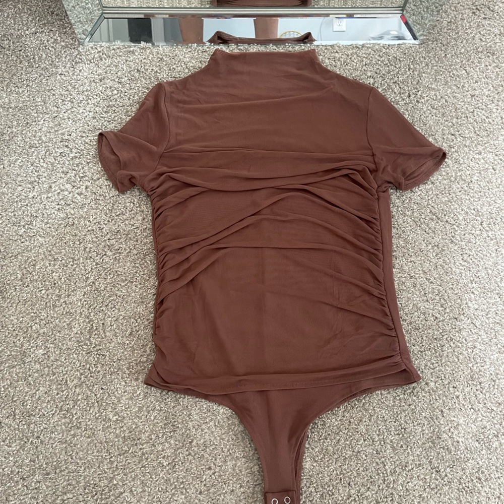 ReoRia Brown Ruched Asymmetrical Sleeveless Bodysuit